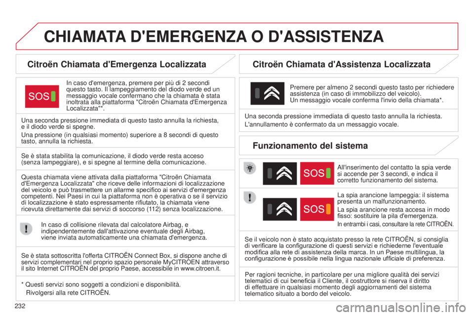 CITROEN C4 CACTUS 2015 Libretti Di Uso E manutenzione (in Italian) 232
C4-Cactus_it_Chap12a_BTa_ed02-2014
CHIAMATA D ' EMERGENZA O D ' ASSISTENZA
Citroën Chiamata d'Emergenza Localizzata
in caso d'emergenza, premere per più di 2 secondi
questo t CITROEN C4 CACTUS 2015 Libretti Di Uso E manutenzione (in Italian) 232
C4-Cactus_it_Chap12a_BTa_ed02-2014
CHIAMATA D ' EMERGENZA O D ' ASSISTENZA
Citroën Chiamata d'Emergenza Localizzata
in caso d'emergenza, premere per più di 2 secondi
questo t
