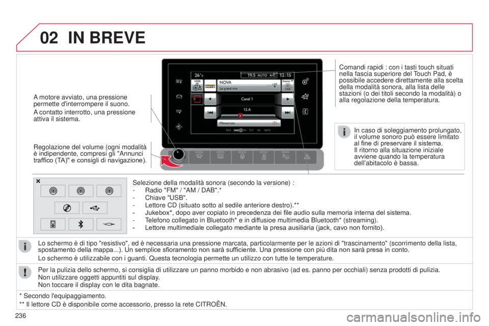 CITROEN C4 CACTUS 2015  Libretti Di Uso E manutenzione (in Italian) 02
236
s
elezione della modalità sonora (secondo la versione) :
-  
Radio "FM" / "
 a M /  da B".*
-  
Chiave "
 us B".
-  
Lettore C
 d  (situato sotto al sedile anteriore de