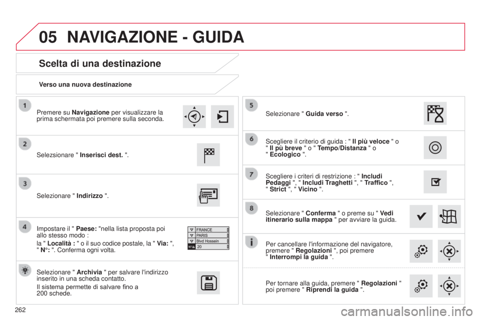 CITROEN C4 CACTUS 2015 Libretti Di Uso E manutenzione (in Italian) 05
262Verso una nuova destinazione
Scelta di una destinazione
selezsionare "
Inserisci dest. ".
s
elezionare " Archivia " per salvare l'indirizzo
inserito in una scheda contat CITROEN C4 CACTUS 2015 Libretti Di Uso E manutenzione (in Italian) 05
262Verso una nuova destinazione
Scelta di una destinazione
selezsionare "
Inserisci dest. ".
s
elezionare " Archivia " per salvare l'indirizzo
inserito in una scheda contat