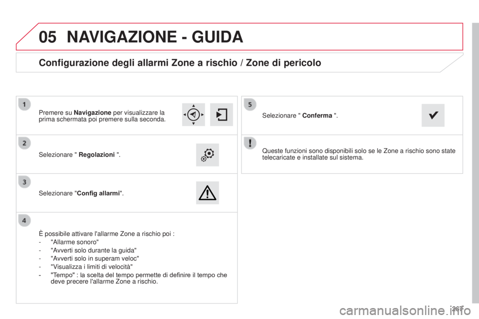 CITROEN C4 CACTUS 2015 Libretti Di Uso E manutenzione (in Italian)
05
267
Queste funzioni sono disponibili solo se le Zone a rischio sono state
telecaricate e installate sul sistema.
s
elezionare "
Regolazioni ".
s
elezionare "
Config allarmi " CITROEN C4 CACTUS 2015 Libretti Di Uso E manutenzione (in Italian)
05
267
Queste funzioni sono disponibili solo se le Zone a rischio sono state
telecaricate e installate sul sistema.
s
elezionare "
Regolazioni ".
s
elezionare "
Config allarmi "