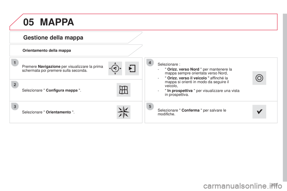 CITROEN C4 CACTUS 2015  Libretti Di Uso E manutenzione (in Italian) 05
273
Gestione della mappa
MAPPA
Orientamento della mappa
s
elezionare "  Configura mappa ".
s

elezionare "  Orientamento ".
s

elezionare :
-
  " Orizz. verso Nord " per man