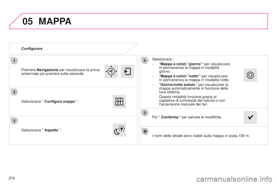 CITROEN C4 CACTUS 2015  Libretti Di Uso E manutenzione (in Italian) 05
i nomi delle strade sono visibili sulla mappa in scala 100 m.
Configurare
s

elezionare " 
Aspetto ".
s
elezionare :
-   "Mappa a colori
 "giorno"" per visualizzare 
in perm