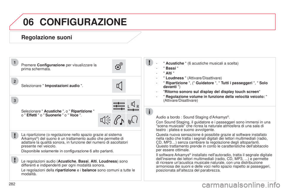 CITROEN C4 CACTUS 2015 Libretti Di Uso E manutenzione (in Italian) 06
282
CONFIGURAZIONE
- " Acustiche " (6 acustiche musicali a scelta)
- " Bassi "
-
" Alti "
-
" Loudness " (
a ttivare/ d isattivare)
-
" Ripartizione & CITROEN C4 CACTUS 2015 Libretti Di Uso E manutenzione (in Italian) 06
282
CONFIGURAZIONE
- " Acustiche " (6 acustiche musicali a scelta)
- " Bassi "
-
" Alti "
-
" Loudness " (
a ttivare/ d isattivare)
-
" Ripartizione &