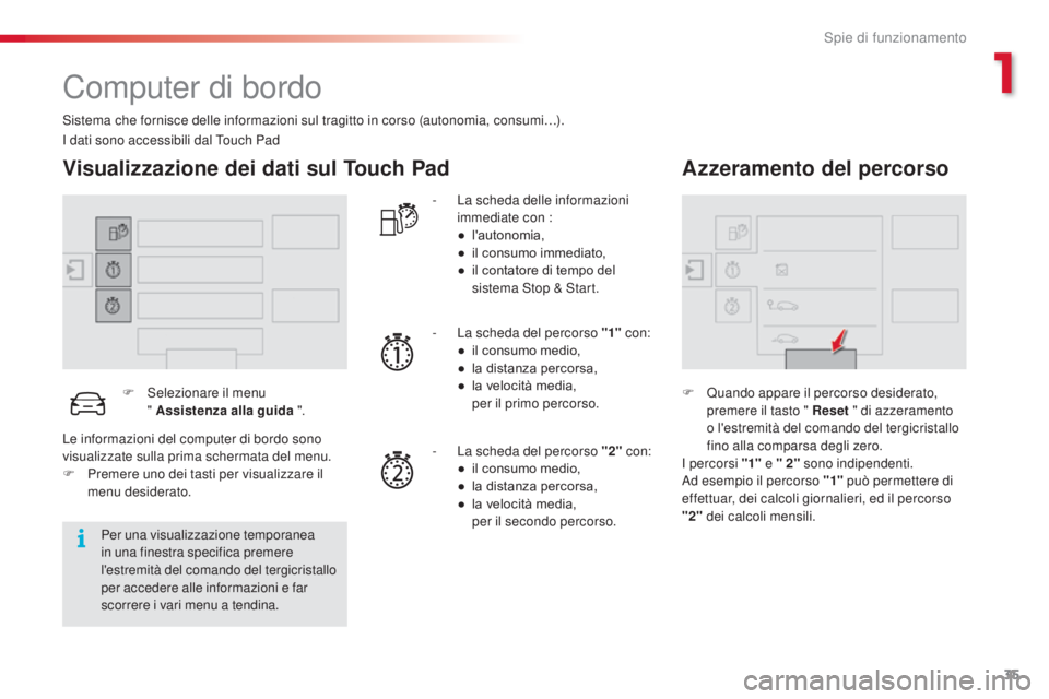 CITROEN C4 CACTUS 2015  Libretti Di Uso E manutenzione (in Italian) 35
C4-cactus_it_Chap01_controle-de-marche_ed02-2014
Computer di bordo
sistema che fornisce delle informazioni sul tragitto in corso (autonomia, consumi…).
Visualizzazione dei dati sul Touch Pad
F  s
