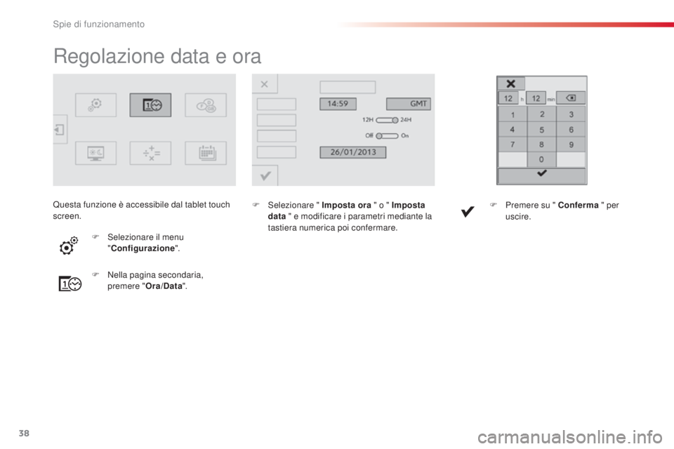CITROEN C4 CACTUS 2015  Libretti Di Uso E manutenzione (in Italian) 38
Regolazione data e ora
F  selezionare " Imposta ora " o " I mposta 
data  " e modificare i parametri mediante la 
tastiera numerica poi confermare.
F
 
N

ella pagina secondaria, 
p