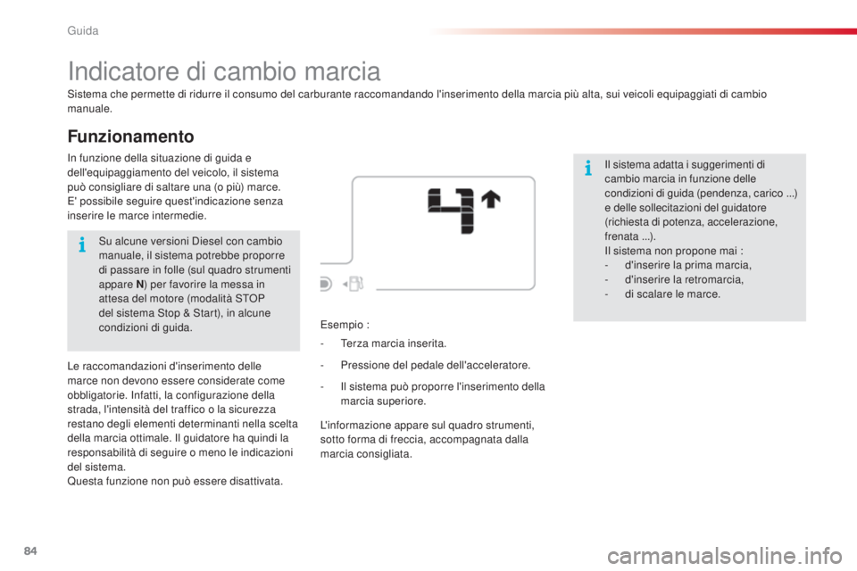 CITROEN C4 CACTUS 2015  Libretti Di Uso E manutenzione (in Italian) 84
C4-cactus_it_Chap05_conduite_ed02-2014
Funzionamento
indicatore di cambio marcia
sistema che permette di ridurre il consumo del carburante raccomandando l'inserimento della marcia più alta, su