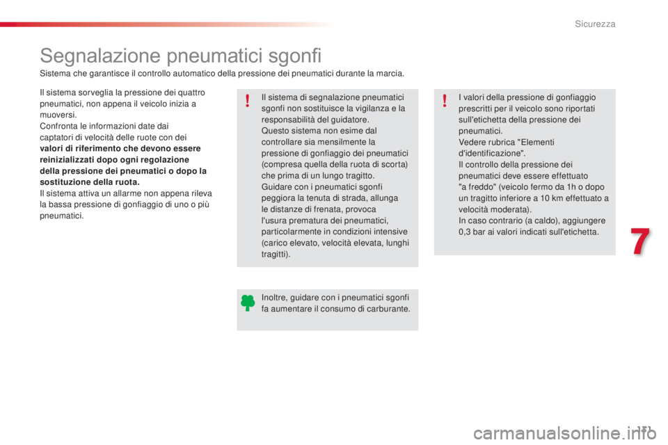 CITROEN C4 CACTUS 2014  Libretti Di Uso E manutenzione (in Italian) 131
E3_it_Chap07_securite_ed01-2014
Segnalazione pneumatici sgonfi
Il sistema sorveglia la pressione dei quattro 
pneumatici, non appena il veicolo inizia a 
muoversi.
Confronta le informazioni date d