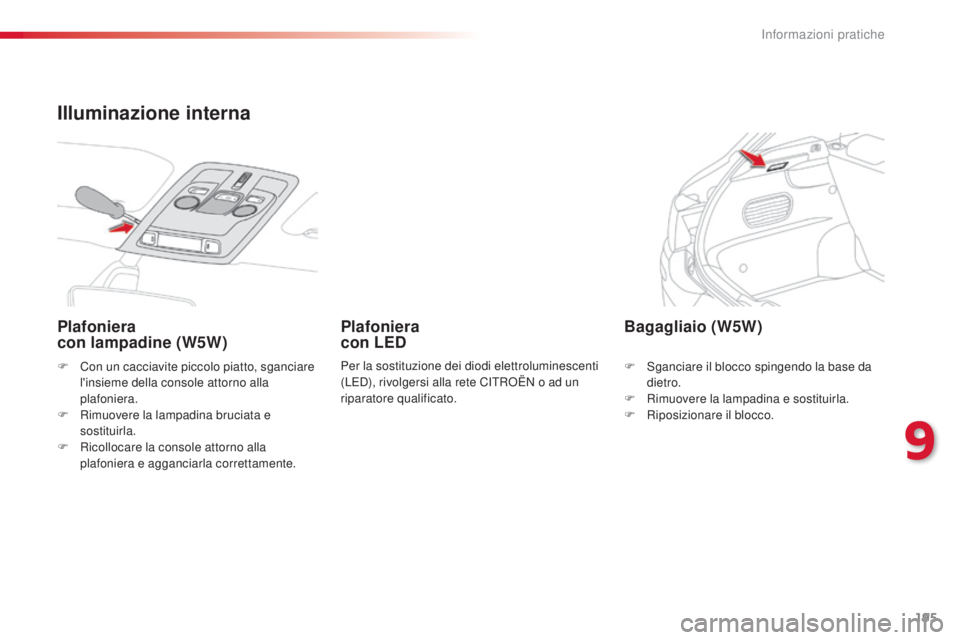 CITROEN C4 CACTUS 2014 Libretti Di Uso E manutenzione (in Italian) 195
E3_it_Chap09_info_pratiques_ed01-2014
F Con un cacciavite piccolo piatto, sganciare l'insieme della console attorno alla
plafoniera.
F
R
imuovere la lampadina bruciata e
sostituirla.
F
CITROEN C4 CACTUS 2014 Libretti Di Uso E manutenzione (in Italian) 195
E3_it_Chap09_info_pratiques_ed01-2014
F Con un cacciavite piccolo piatto, sganciare l'insieme della console attorno alla
plafoniera.
F
R
imuovere la lampadina bruciata e
sostituirla.
F