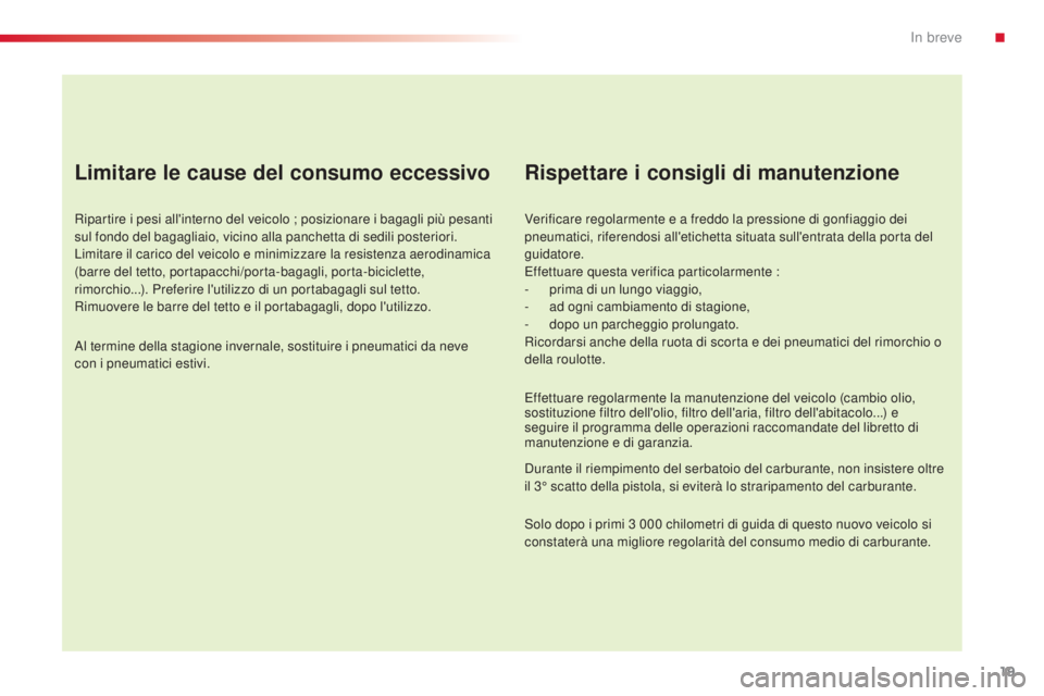 CITROEN C4 CACTUS 2014 Libretti Di Uso E manutenzione (in Italian) 19
E3_it_Chap00b_prise-en-main_ed01-2014
Limitare le cause del consumo eccessivo
Ripartire i pesi all'interno del veicolo ; posizionare i bagagli più pesanti
sul fondo del bagagliaio, vicino all CITROEN C4 CACTUS 2014 Libretti Di Uso E manutenzione (in Italian) 19
E3_it_Chap00b_prise-en-main_ed01-2014
Limitare le cause del consumo eccessivo
Ripartire i pesi all'interno del veicolo ; posizionare i bagagli più pesanti
sul fondo del bagagliaio, vicino all