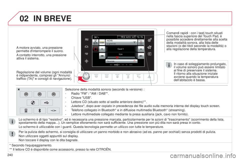 CITROEN C4 CACTUS 2014  Libretti Di Uso E manutenzione (in Italian) 02
240
E3_it_Chap12b_SMEGplus_ed01-2014
A motore avviato, una pressione 
permette d'interrompere il suono.
A contatto interrotto, una pressione 
attiva il sistema.
Regolazione del volume (ogni mod