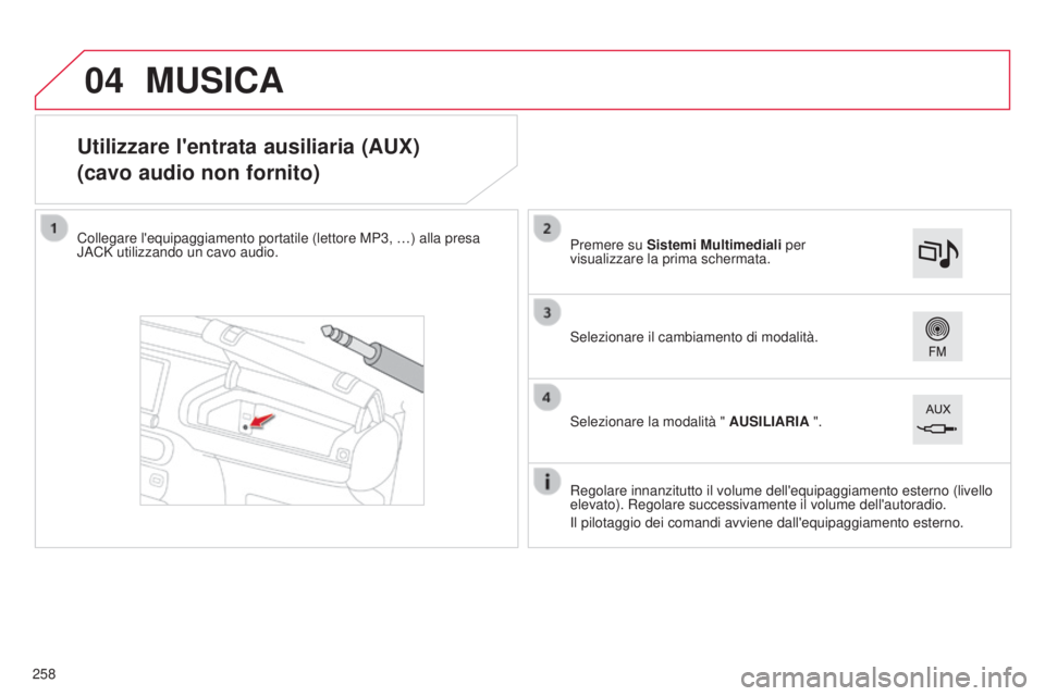 CITROEN C4 CACTUS 2014 Libretti Di Uso E manutenzione (in Italian) 04
E3_it_Chap12b_SMEGplus_ed01-2014
Utilizzare l'entrata ausiliaria (AUX)
(cavo audio non fornito)
Collegare l'equipaggiamento portatile (lettore MP3, …) alla presa
JACK utilizzando un cavo CITROEN C4 CACTUS 2014 Libretti Di Uso E manutenzione (in Italian) 04
E3_it_Chap12b_SMEGplus_ed01-2014
Utilizzare l'entrata ausiliaria (AUX)
(cavo audio non fornito)
Collegare l'equipaggiamento portatile (lettore MP3, …) alla presa
JACK utilizzando un cavo