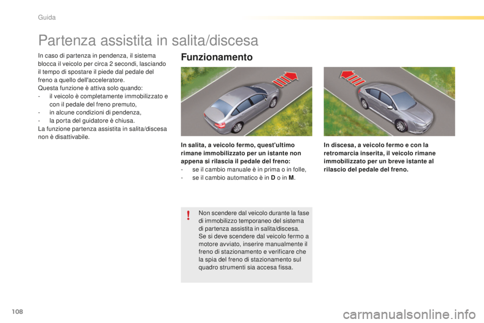 CITROEN C5 2016 Libretti Di Uso E manutenzione (in Italian) 108
C5_it_Chap04_conduite_ed01-2015
Partenza assistita in salita/discesa
in caso di partenza in pendenza, il sistema
blocca il veicolo per circa 2 secondi, lasciando
il tempo di spostare il piede d CITROEN C5 2016 Libretti Di Uso E manutenzione (in Italian) 108
C5_it_Chap04_conduite_ed01-2015
Partenza assistita in salita/discesa
in caso di partenza in pendenza, il sistema
blocca il veicolo per circa 2 secondi, lasciando
il tempo di spostare il piede d