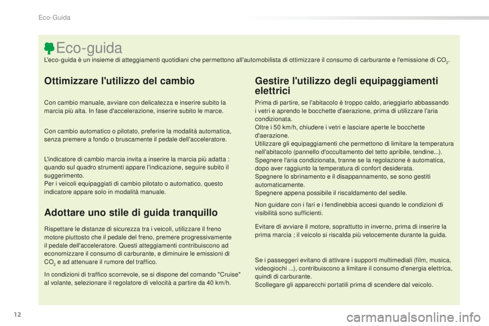 CITROEN C5 2016  Libretti Di Uso E manutenzione (in Italian) 12
C5_it_Chap00c_eco-conduite_ed01-2015
Ottimizzare l'utilizzo del cambio
Con cambio manuale, avviare con delicatezza e inserire subito la 
marcia più alta. in f ase d'accelerazione, inserire
