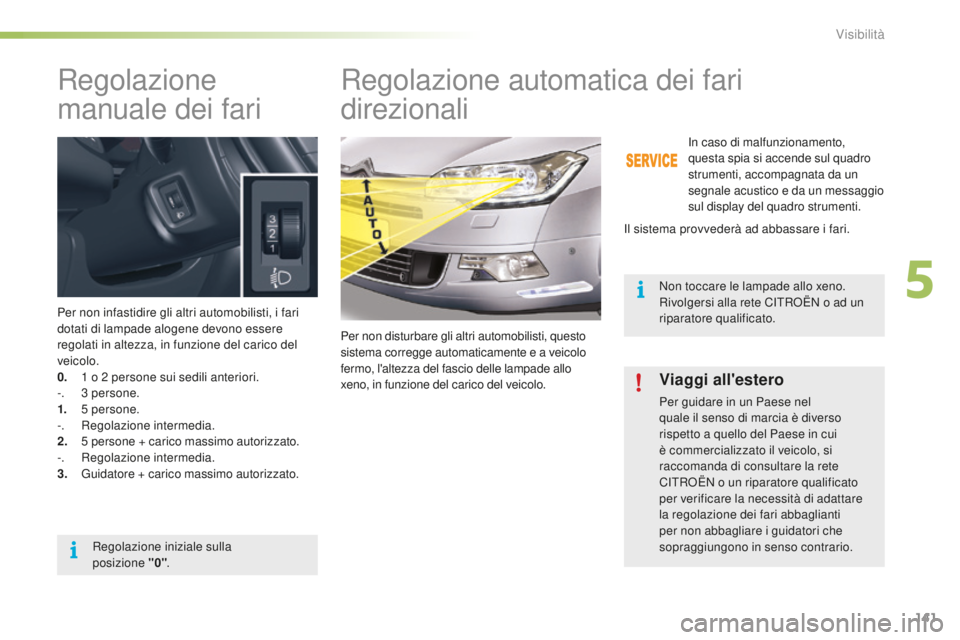 CITROEN C5 2016 Libretti Di Uso E manutenzione (in Italian) 141
C5_it_Chap05_visibilite_ed01-2015
Regolazione
manuale dei fari
Per non infastidire gli altri automobilisti, i fari
dotati di lampade alogene devono essere
regolati in altezza, in funzione del c CITROEN C5 2016 Libretti Di Uso E manutenzione (in Italian) 141
C5_it_Chap05_visibilite_ed01-2015
Regolazione
manuale dei fari
Per non infastidire gli altri automobilisti, i fari
dotati di lampade alogene devono essere
regolati in altezza, in funzione del c