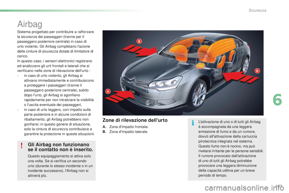 CITROEN C5 2016 Libretti Di Uso E manutenzione (in Italian) 157
C5_it_Chap06_securite_ed01-2015
airbag
sistema progettato per contribuire a rafforzare
la sicurezza dei passeggeri (tranne per il
passeggero posteriore centrale) in caso di
urto violento. Gli a CITROEN C5 2016 Libretti Di Uso E manutenzione (in Italian) 157
C5_it_Chap06_securite_ed01-2015
airbag
sistema progettato per contribuire a rafforzare
la sicurezza dei passeggeri (tranne per il
passeggero posteriore centrale) in caso di
urto violento. Gli a