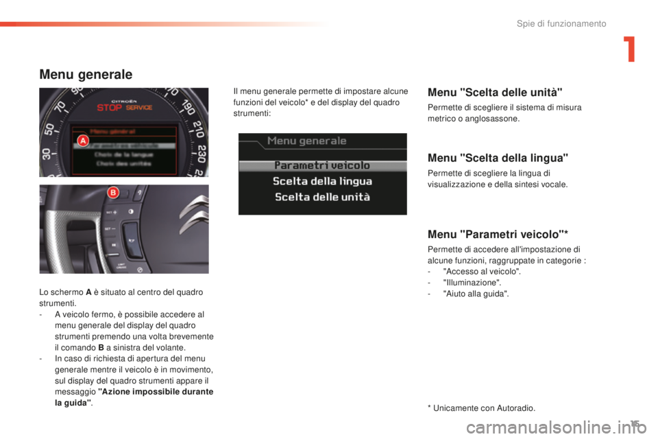 CITROEN C5 2016  Libretti Di Uso E manutenzione (in Italian) 15
C5_it_Chap01_controle-de-marche_ed01-2015
Menu "Scelta della lingua"
Permette di scegliere la lingua di 
visualizzazione e della sintesi vocale.
Menu "Scelta delle unità"
Permette 