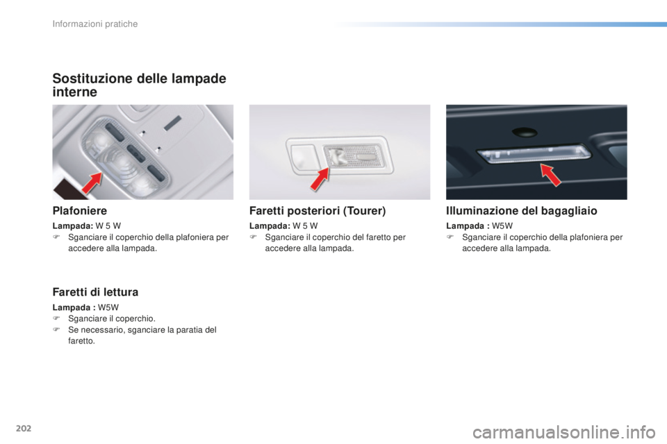 CITROEN C5 2016 Libretti Di Uso E manutenzione (in Italian) 202
C5_it_Chap08_information_ed01-2015
Sostituzione delle lampade
interne
Plafoniere
Lampada: W 5 W
F sg anciare il coperchio della plafoniera per
accedere alla lampada.
Faretti posteriori (Tour CITROEN C5 2016 Libretti Di Uso E manutenzione (in Italian) 202
C5_it_Chap08_information_ed01-2015
Sostituzione delle lampade
interne
Plafoniere
Lampada: W 5 W
F sg anciare il coperchio della plafoniera per
accedere alla lampada.
Faretti posteriori (Tour