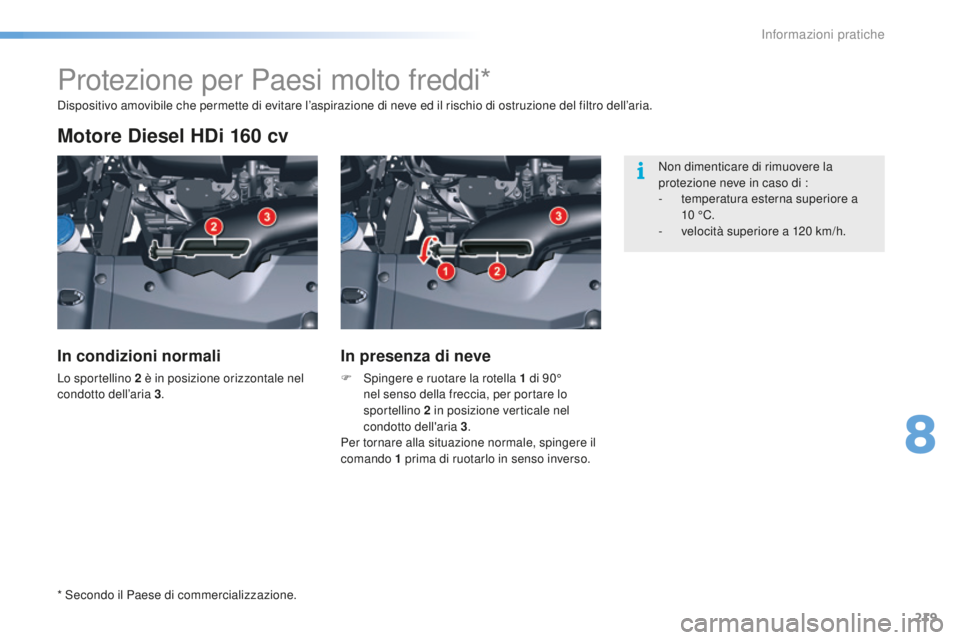 CITROEN C5 2016 Libretti Di Uso E manutenzione (in Italian) 219
C5_it_Chap08_information_ed01-2015
Protezione per Paesi molto freddi*
Motore Diesel HDi 160 cv
In condizioni normali
Lo sportellino 2 è in posizione orizzontale nel
c ondotto dell’aria 3.
In p CITROEN C5 2016 Libretti Di Uso E manutenzione (in Italian) 219
C5_it_Chap08_information_ed01-2015
Protezione per Paesi molto freddi*
Motore Diesel HDi 160 cv
In condizioni normali
Lo sportellino 2 è in posizione orizzontale nel
c ondotto dell’aria 3.
In p