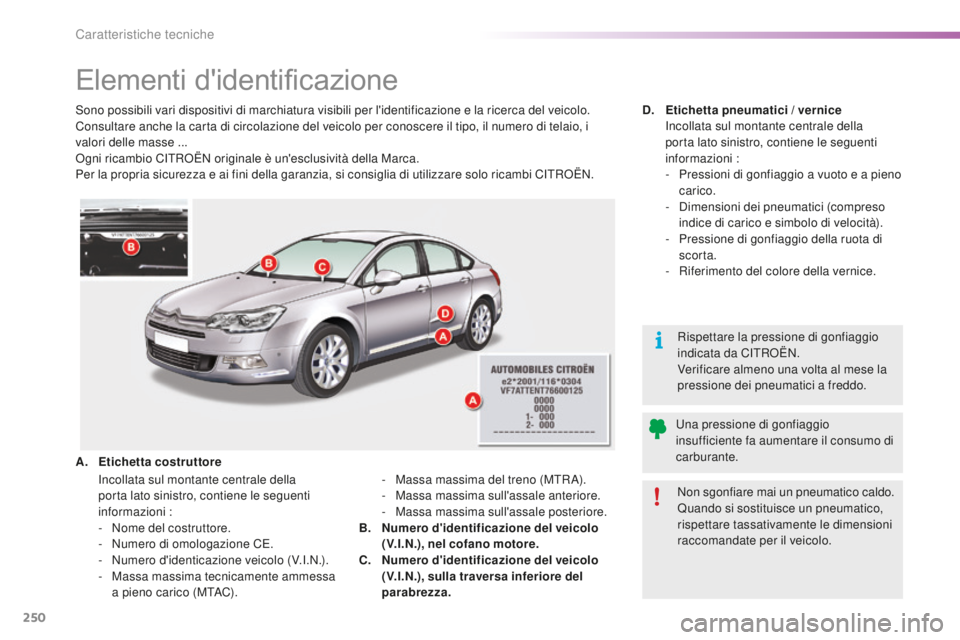 CITROEN C5 2016 Libretti Di Uso E manutenzione (in Italian) 250
C5_it_Chap10_caracteristique_ed01-2015
Elementi d'identificazione
sono possibili vari dispositivi di marchiatura visibili per l'identificazione e la ricerca del veicolo.
Consultare anche l CITROEN C5 2016 Libretti Di Uso E manutenzione (in Italian) 250
C5_it_Chap10_caracteristique_ed01-2015
Elementi d'identificazione
sono possibili vari dispositivi di marchiatura visibili per l'identificazione e la ricerca del veicolo.
Consultare anche l