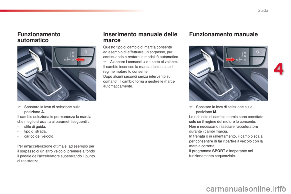 CITROEN C5 2015 Libretti Di Uso E manutenzione (in Italian) 113
C5_it_Chap04_conduite_ed01-2014
Inserimento manuale delle
marce
Questo tipo di cambio di marcia consente
ad esempio di effettuare un sorpasso, pur
continuando a restare in modalità automatica. CITROEN C5 2015 Libretti Di Uso E manutenzione (in Italian) 113
C5_it_Chap04_conduite_ed01-2014
Inserimento manuale delle
marce
Questo tipo di cambio di marcia consente
ad esempio di effettuare un sorpasso, pur
continuando a restare in modalità automatica.