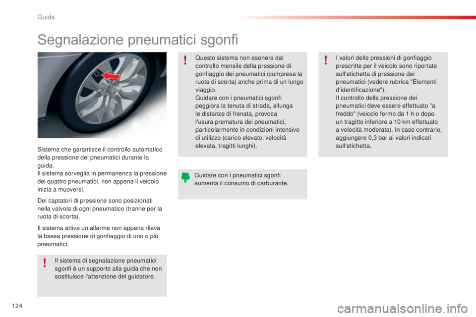 CITROEN C5 2015 Libretti Di Uso E manutenzione (in Italian) 124
C5_it_Chap04_conduite_ed01-2014
Segnalazione pneumatici sgonfi
sistema che garantisce il controllo automatico
della pressione dei pneumatici durante la
guida.
il s
istema sorveglia in permanenza CITROEN C5 2015 Libretti Di Uso E manutenzione (in Italian) 124
C5_it_Chap04_conduite_ed01-2014
Segnalazione pneumatici sgonfi
sistema che garantisce il controllo automatico
della pressione dei pneumatici durante la
guida.
il s
istema sorveglia in permanenza
