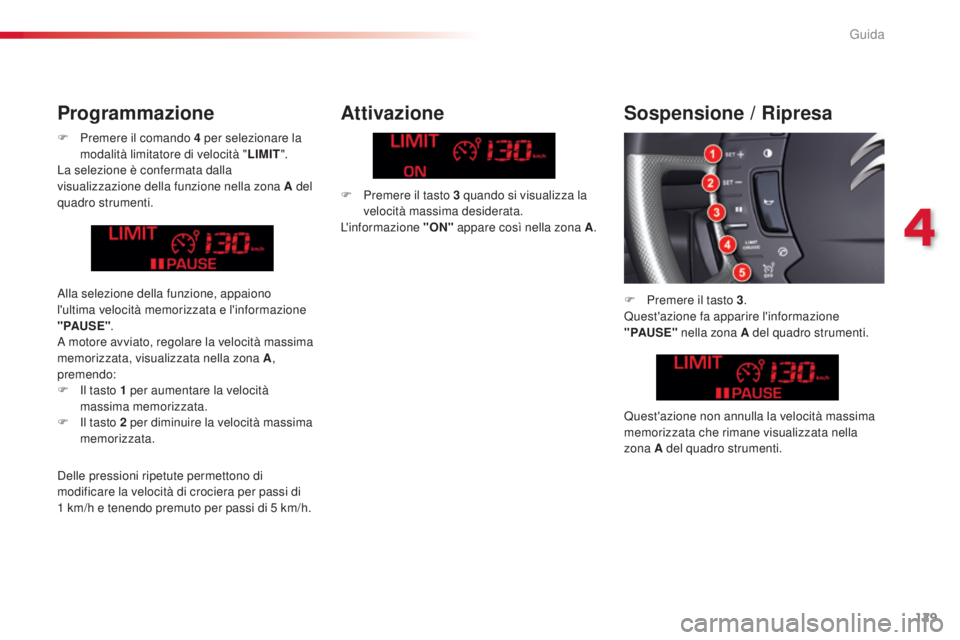 CITROEN C5 2015 Libretti Di Uso E manutenzione (in Italian) 129
C5_it_Chap04_conduite_ed01-2014
F Premere il comando 4 per selezionare la
modalità limitatore di velocità " LIMIT".
La selezione è confermata dalla
visualizzazione della funzione nel CITROEN C5 2015 Libretti Di Uso E manutenzione (in Italian) 129
C5_it_Chap04_conduite_ed01-2014
F Premere il comando 4 per selezionare la
modalità limitatore di velocità " LIMIT".
La selezione è confermata dalla
visualizzazione della funzione nel