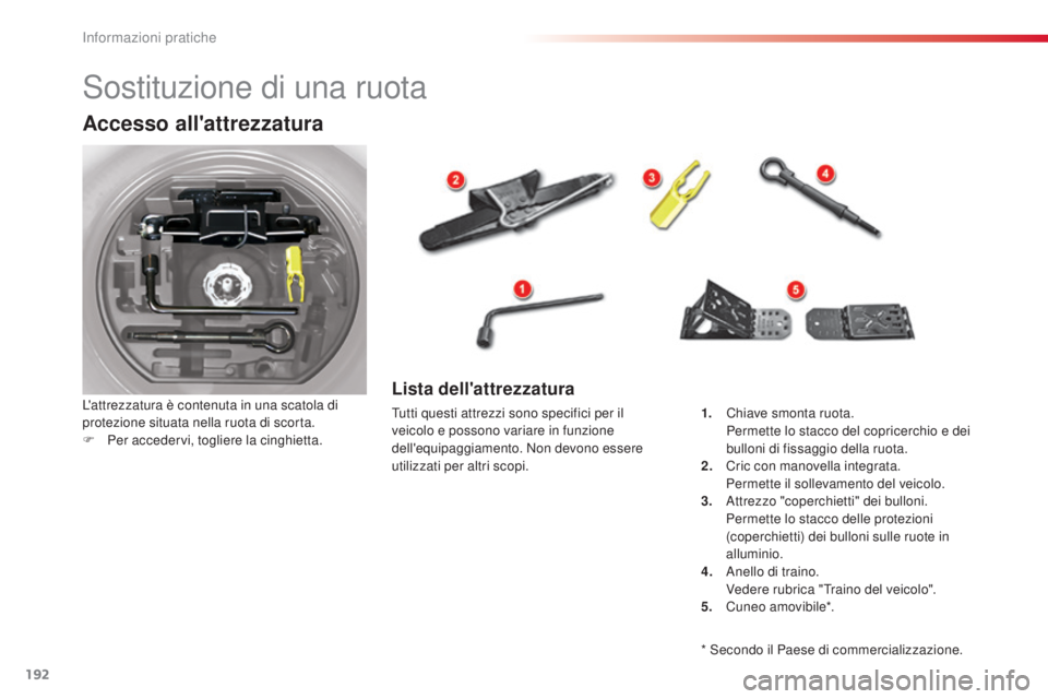 CITROEN C5 2015 Libretti Di Uso E manutenzione (in Italian) 192
C5_it_Chap08_information_ed01-2014
sostituzione di una ruota
Accesso all'attrezzatura
L'attrezzatura è contenuta in una scatola di
protezione situata nella ruota di scorta.
F
Pe
r acce CITROEN C5 2015 Libretti Di Uso E manutenzione (in Italian) 192
C5_it_Chap08_information_ed01-2014
sostituzione di una ruota
Accesso all'attrezzatura
L'attrezzatura è contenuta in una scatola di
protezione situata nella ruota di scorta.
F
Pe
r acce