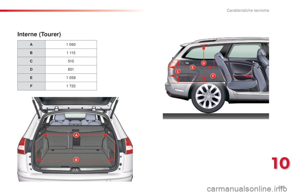CITROEN C5 2015  Libretti Di Uso E manutenzione (in Italian) 255
C5_it_Chap10_caracteristique_ed01-2014
Interne (Tourer)
A1   060
B 1
 

115
C 510
D 8 51
E 1
  058
F 1
  723
10 
Caratteristiche tecniche  