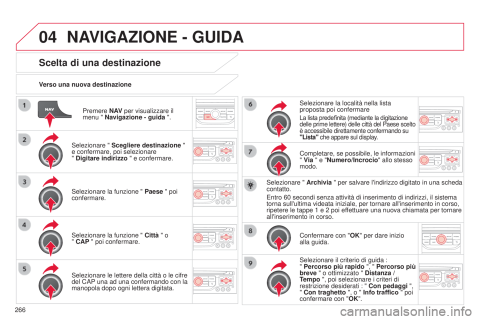 CITROEN C5 2015  Libretti Di Uso E manutenzione (in Italian) 04
266
C5_it_Chap11b_RT6-2-8_ed01-2014
Premere N AV per visualizzare il 
menu " Navigazione - guida  ".
Verso una nuova destinazione
Scelta di una destinazione
selezionare " 
Scegliere des