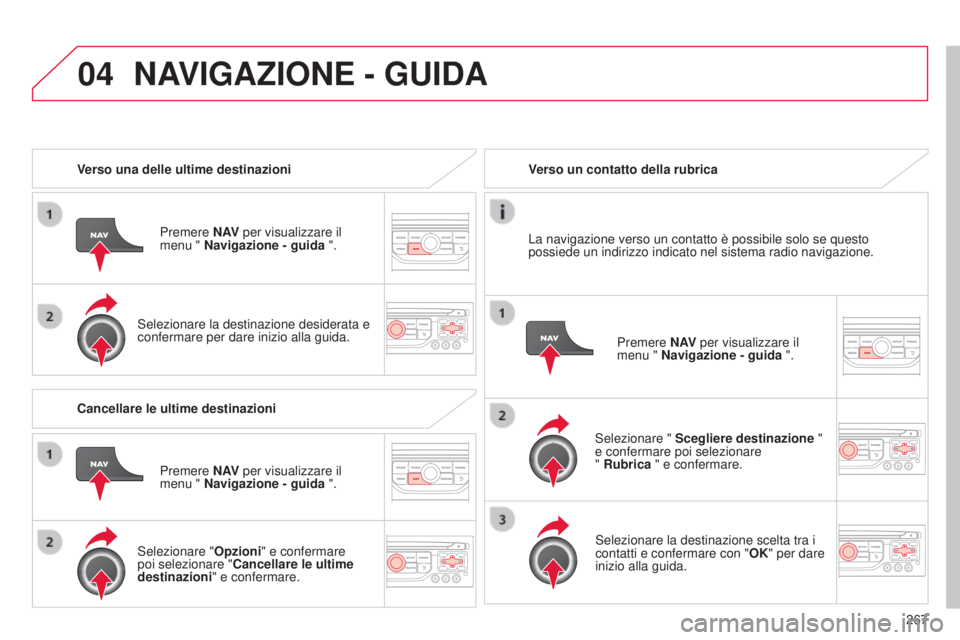 CITROEN C5 2015  Libretti Di Uso E manutenzione (in Italian) 04
267
C5_it_Chap11b_RT6-2-8_ed01-2014
Verso una delle ultime destinazioniPremere N AV per visualizzare il 
menu " Navigazione - guida  ".
s

elezionare la destinazione desiderata e 
confermar