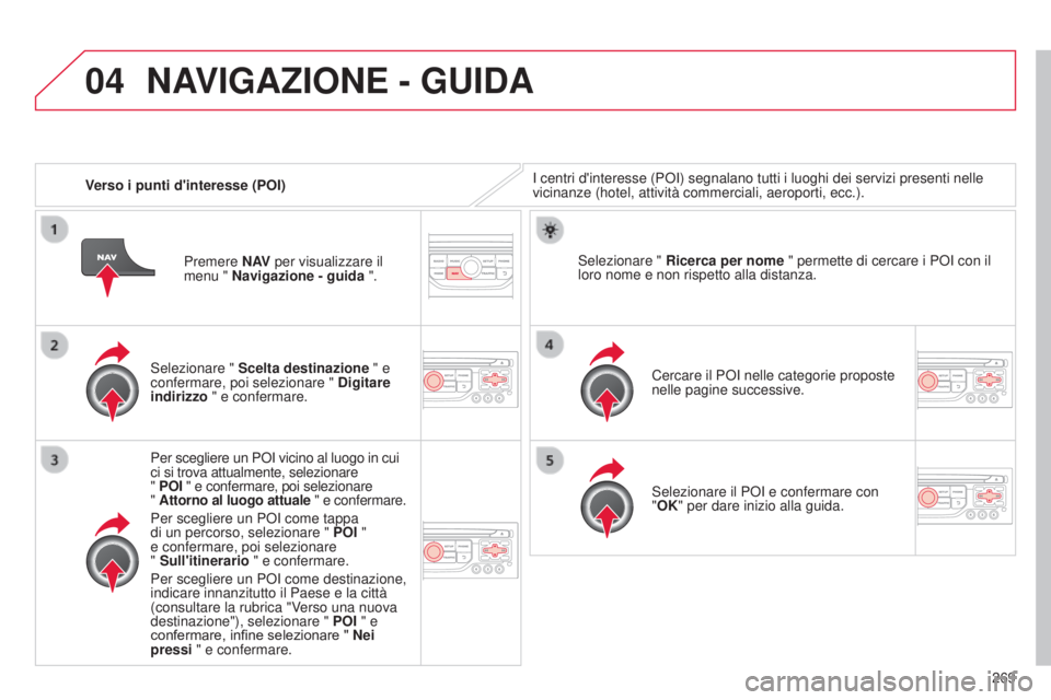 CITROEN C5 2015  Libretti Di Uso E manutenzione (in Italian) 04
269
C5_it_Chap11b_RT6-2-8_ed01-2014
Verso i punti d'interesse (POI)i centri d'interesse (P oi ) segnalano tutti i luoghi dei servizi presenti nelle 
vicinanze (hotel, attività commerciali,