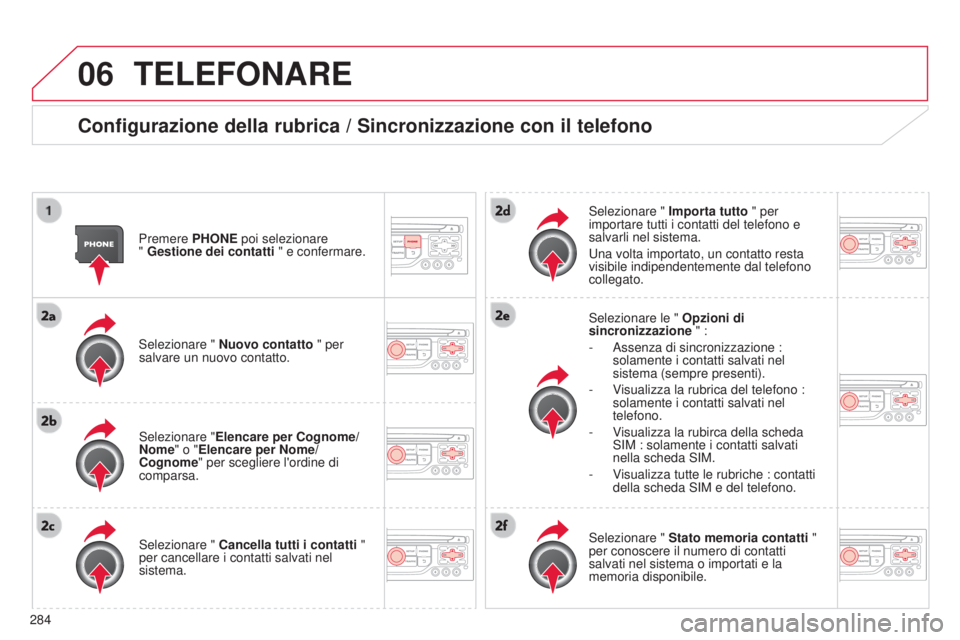 CITROEN C5 2015  Libretti Di Uso E manutenzione (in Italian) 06
284
C5_it_Chap11b_RT6-2-8_ed01-2014
TELEFONARE
Configurazione della rubrica / Sincronizzazione con il telefono
Premere PHONE poi selezionare  
" Gestione dei contatti " e confermare.
s

ele