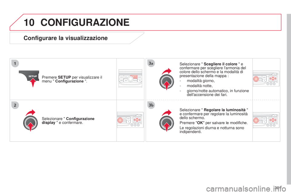 CITROEN C5 2015  Libretti Di Uso E manutenzione (in Italian) 10
301
C5_it_Chap11b_RT6-2-8_ed01-2014
CONFIGURAZIONE
Premere SETUP per visualizzare il 
menu " Configurazione ".
s
 elezionare " 
Scegliere il colore " e 
confermare per scegliere l&#