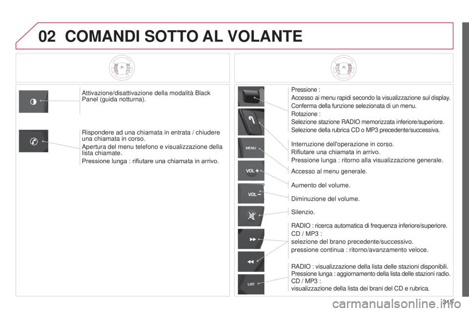 CITROEN C5 2015  Libretti Di Uso E manutenzione (in Italian) 02
MENU
LIST
315
C5_it_Chap11c_Rd45_ed01_2014
COMANDI SOTTO AL VOLANTE
Pressione :
a

ccesso ai menu rapidi secondo la visualizzazione sul display.
Conferma della funzione selezionata di un menu.
Rota