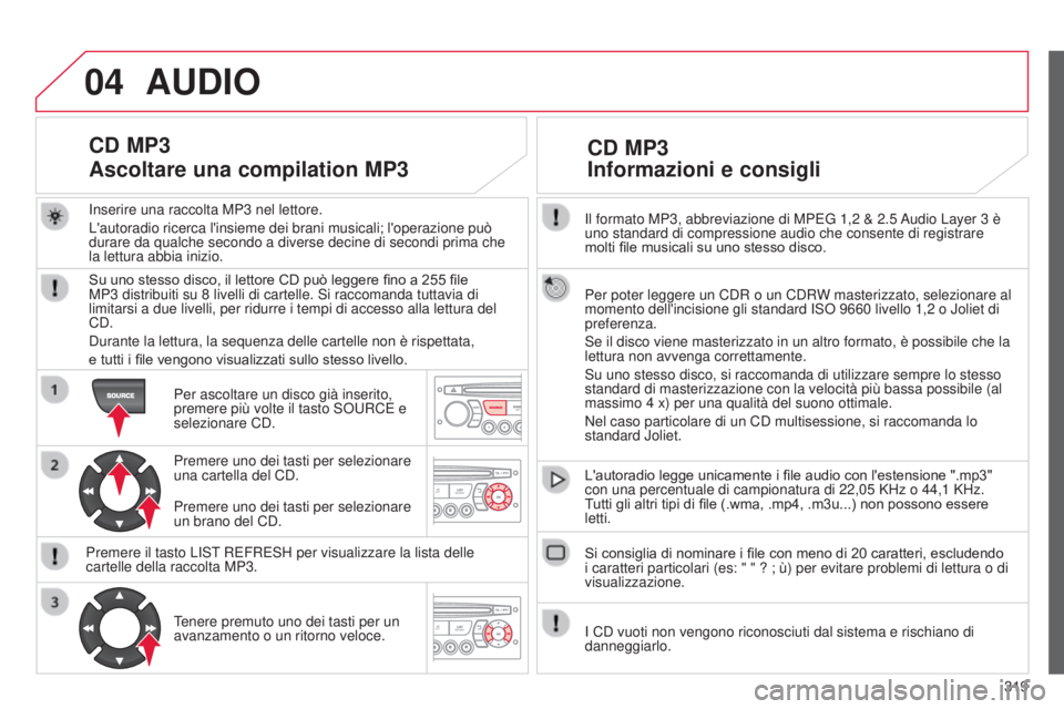 CITROEN C5 2015  Libretti Di Uso E manutenzione (in Italian) 04
319
C5_it_Chap11c_Rd45_ed01_2014
il formato MP3, abbreviazione di MPEG 1,2 & 2.5 audio Layer 3 è 
uno standard di compressione audio che consente di registrare 
molti file musicali su uno stesso d