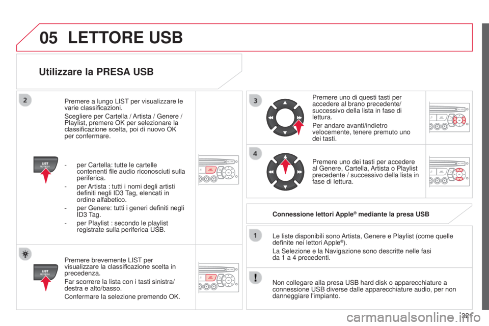 CITROEN C5 2015  Libretti Di Uso E manutenzione (in Italian) 05
321
C5_it_Chap11c_Rd45_ed01_2014
Utilizzare la PRESA USB
Premere brevemente LisT per 
visualizzare la classificazione scelta in 
precedenza.
Far scorrere la lista con i tasti sinistra/
destra e alt