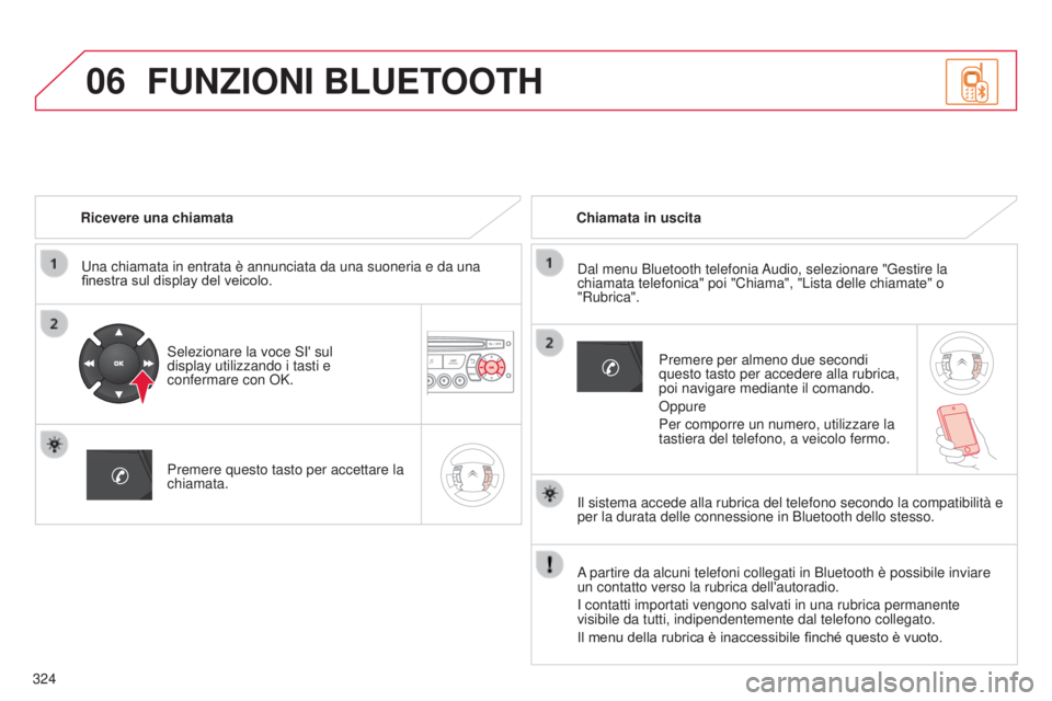 CITROEN C5 2015  Libretti Di Uso E manutenzione (in Italian) 06
324
C5_it_Chap11c_Rd45_ed01_2014
Ricevere una chiamata
u
na chiamata in entrata è annunciata da una suoneria e da una 
finestra sul display del veicolo.
s

elezionare la voce  si ' sul  
displ