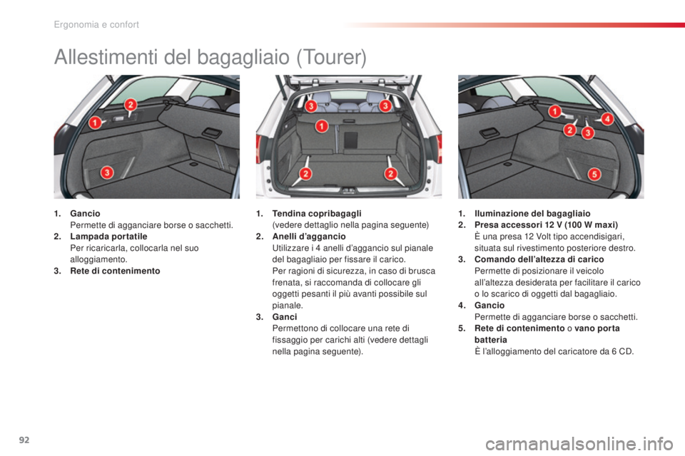 CITROEN C5 2015 Libretti Di Uso E manutenzione (in Italian) 92
C5_it_Chap03_ergo-et-confort_ed01-2014
allestimenti del bagagliaio (Tourer)
1. Gancio Pe
rmette di agganciare borse o sacchetti.
2.
L
ampada portatile
Pe
r ricaricarla, collocarla nel suo
a CITROEN C5 2015 Libretti Di Uso E manutenzione (in Italian) 92
C5_it_Chap03_ergo-et-confort_ed01-2014
allestimenti del bagagliaio (Tourer)
1. Gancio Pe
rmette di agganciare borse o sacchetti.
2.
L
ampada portatile
Pe
r ricaricarla, collocarla nel suo
a