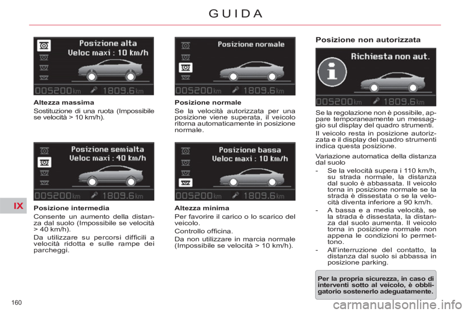 CITROEN C5 2014 Libretti Di Uso E manutenzione (in Italian) IX
160
GUIDA
Posizione non autorizzata
Se la regolazione non è possibile, ap-
pare temporaneamente un messag-
gio sul display del quadro strumenti.
Il veicolo resta in posizione autoriz-
z CITROEN C5 2014 Libretti Di Uso E manutenzione (in Italian) IX
160
GUIDA
Posizione non autorizzata
Se la regolazione non è possibile, ap-
pare temporaneamente un messag-
gio sul display del quadro strumenti.
Il veicolo resta in posizione autoriz-
z