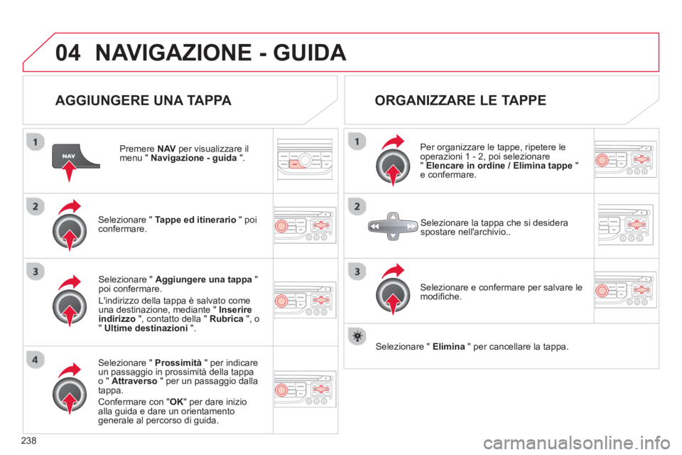 CITROEN C5 2014 Libretti Di Uso E manutenzione (in Italian) 238
04NAVIGAZIONE - GUIDA
AGGIUNGERE UNA TAPPA
Premere NAV
per visualizzare il menu " Navigazione - guida".
Selezionare " Tappe ed itinerario" poi confermare.
Selezionare " Prossimità" CITROEN C5 2014 Libretti Di Uso E manutenzione (in Italian) 238
04NAVIGAZIONE - GUIDA
AGGIUNGERE UNA TAPPA
Premere NAV
per visualizzare il menu " Navigazione - guida".
Selezionare " Tappe ed itinerario" poi confermare.
Selezionare " Prossimità"