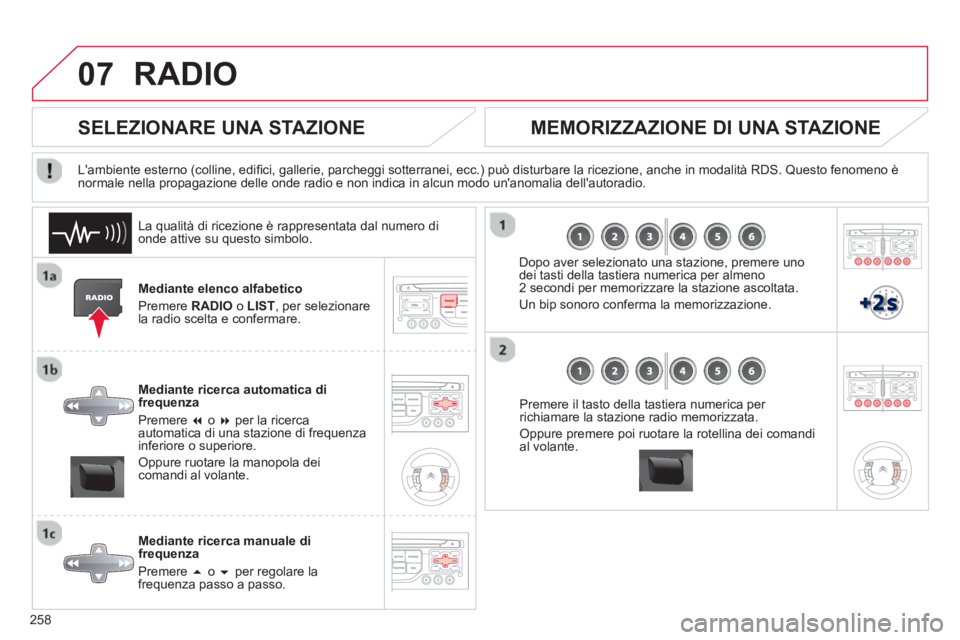 CITROEN C5 2014  Libretti Di Uso E manutenzione (in Italian) 258
07RADIO 
Mediante elenco alfabetico
Pr
emere RADIO 
 o LIST 
, per selezionare la radio scelta e confermare.  
Mediante ricerca automatica di 
fre
quenza
Premere �   o � 
 per la ricerca automat