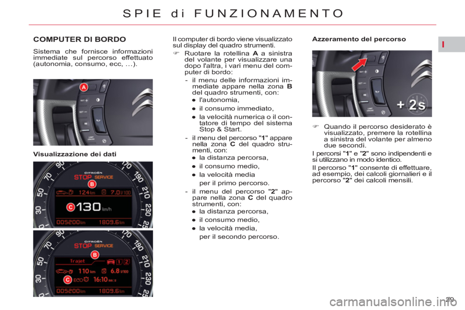 CITROEN C5 2014 Libretti Di Uso E manutenzione (in Italian) I
29
SPIE di FUNZIONAMENTO
COMPUTER DI BORDO
Sistema che fornisce informazioni
immediate sul percorso effettuato
(autonomia, consumo, ecc, …).
Visualizzazione dei dati
Azzeramento CITROEN C5 2014 Libretti Di Uso E manutenzione (in Italian) I
29
SPIE di FUNZIONAMENTO
COMPUTER DI BORDO
Sistema che fornisce informazioni
immediate sul percorso effettuato
(autonomia, consumo, ecc, …).
Visualizzazione dei dati
Azzeramento