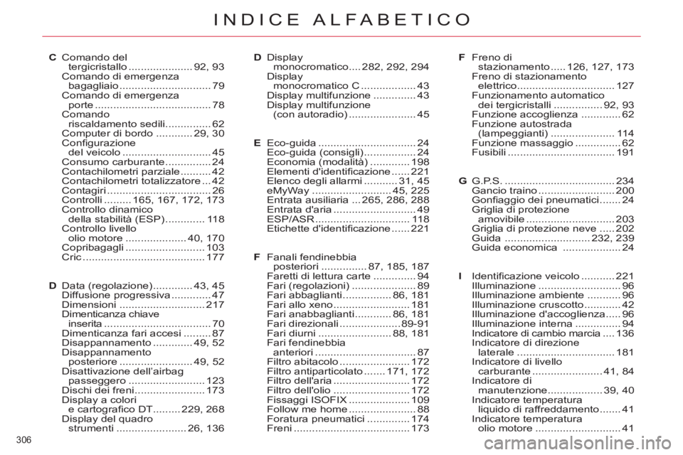 CITROEN C5 2014 Libretti Di Uso E manutenzione (in Italian) 306
INDICE ALFABETICO
C Comando del
tergicristallo ..................... 92, 93
Comando di emergenza
bagagliaio .............................. 79
Comando di emergenza
porte ................... CITROEN C5 2014 Libretti Di Uso E manutenzione (in Italian) 306
INDICE ALFABETICO
C Comando del
tergicristallo ..................... 92, 93
Comando di emergenza
bagagliaio .............................. 79
Comando di emergenza
porte ...................