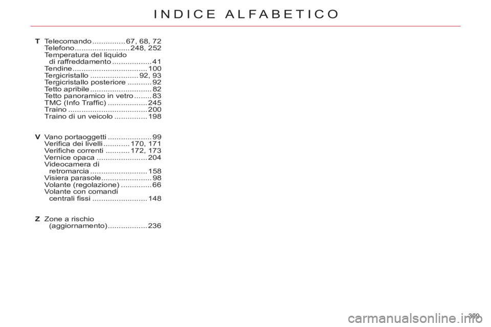 CITROEN C5 2014  Libretti Di Uso E manutenzione (in Italian) 309 
INDICE ALFABETICO
T  Telecomando ............... 67, 68, 72
 Telefono ......................... 248, 252
  Temperatura del liquido 
di raffreddamento .................. 41
 Tendine ..............