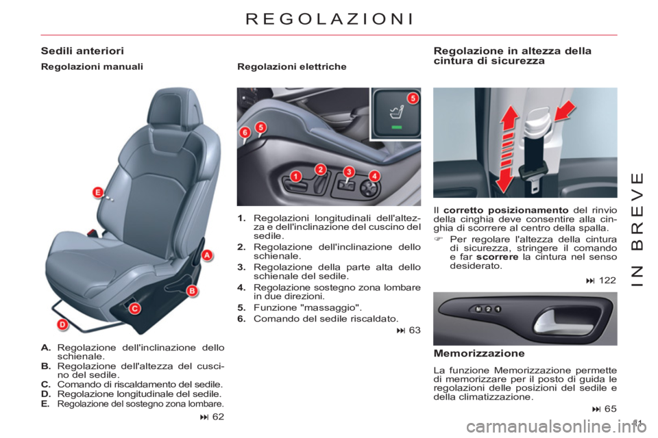 CITROEN C5 2012  Libretti Di Uso E manutenzione (in Italian) 11  
IN BREVE
  REGOLAZIONI 
 
 
 
1. 
  Regolazioni longitudinali dellaltez-
za e dellinclinazione del cuscino del 
sedile. 
   
2. 
  Regolazione dellinclinazione dello 
schienale. 
   
3. 
  Reg