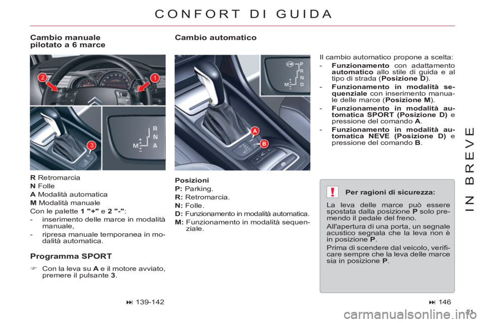 CITROEN C5 2012  Libretti Di Uso E manutenzione (in Italian) !
21 
IN BREVE
   
Posizioni 
 
   
P: 
 Parking. 
   
R: 
 Retromarcia. 
   
N: 
 Folle. 
   
D: 
  
Funzionamento in modalità automatica. 
 
 
M: 
  Funzionamento in modalità sequen-
ziale.   Il c