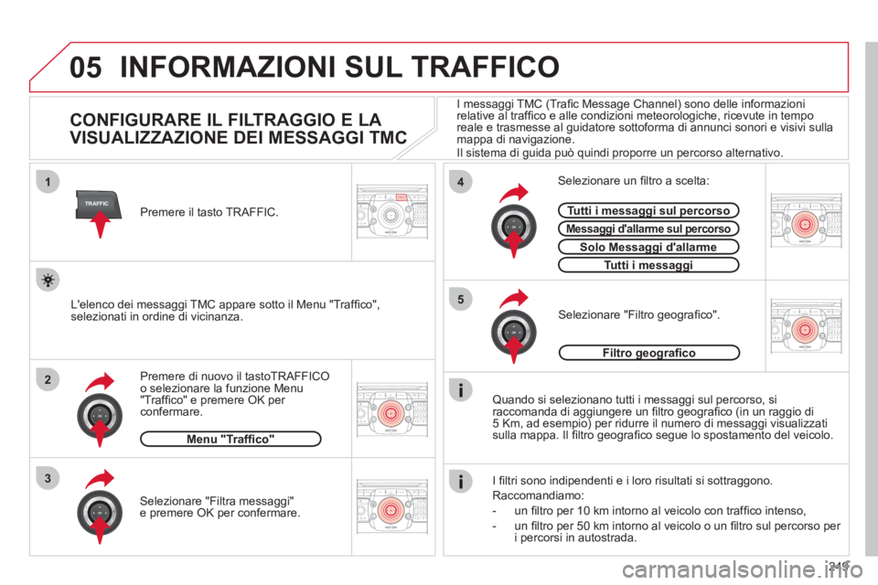 CITROEN C5 2012  Libretti Di Uso E manutenzione (in Italian) 249
05
2ABC3DEF5JKL4GHI6MNO8TUV7PQRS9WXYZ0*#
1RADIO MEDIANAV ESCTRAFFIC
SETUPADDR
BOOK
2ABC3DEF5JKL4GHI6MNO8TUV7PQRS9WXYZ0*#
1RADIO MEDIANAV ESC TRAFFIC
SETUPADDR
BOOK
TRAFFIC
1
3
4
5
2ABC3DEF5JKL4GHI