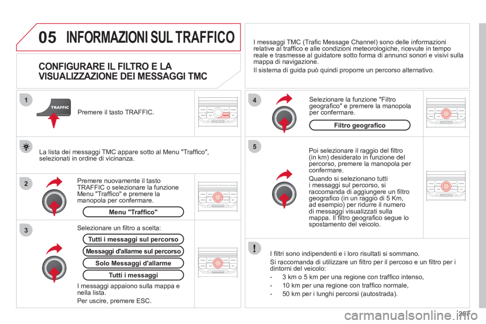 CITROEN C5 2012  Libretti Di Uso E manutenzione (in Italian) 287
05
2 1
3
4
5
  INFORMAZIONI SUL TRAFFICO 
 
 
 
 
 
 
 
 
 
 
CONFIGURARE IL FILTRO E LA 
VISUALIZZAZIONE DEI MESSAGGI TMC 
   
Poi selezionare il raggio del ﬁ ltro 
(in km) desiderato in funzio