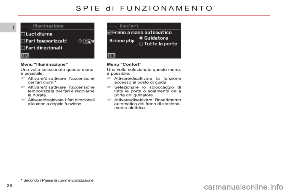 CITROEN C5 2012  Libretti Di Uso E manutenzione (in Italian) I
28
SPIE di FUNZIONAMENTO
   
 
Menu "Illuminazione" 
  Una volta selezionato questo menu, 
è possibile: 
   
 
�) 
 Attivare/disattivare  laccensione 
dei fari diurni * . 
   
�) 
 Attivare/disatt