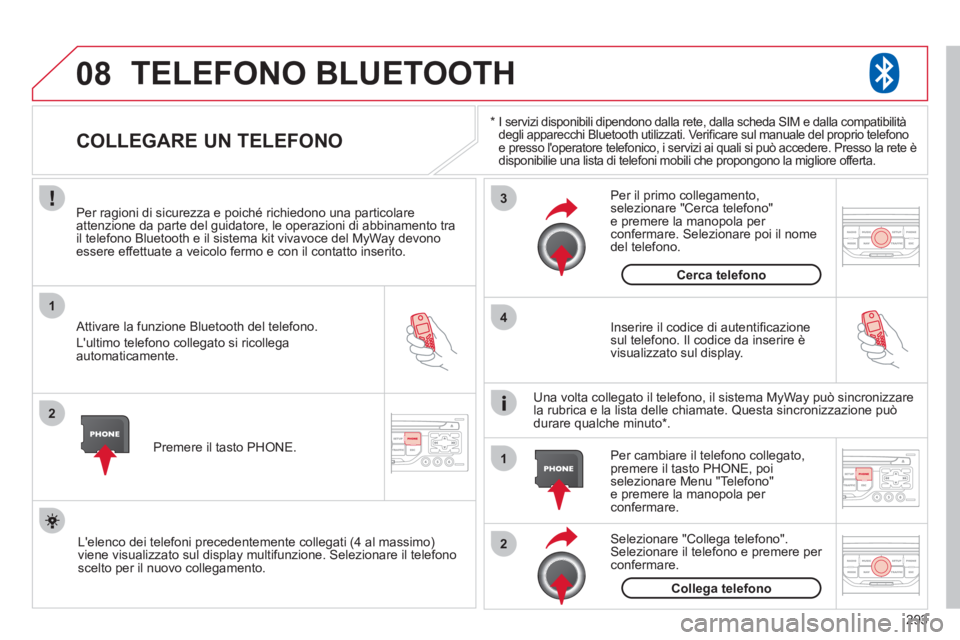 CITROEN C5 2012 Libretti Di Uso E manutenzione (in Italian) 293
08
1
2
3
2 1 4
*
I servizi disponibili dipendono dalla rete, dalla scheda SIM e dalla compatibilità
degli apparecchi Bluetooth utilizzati. Verifi care sul manuale del proprio telefono
CITROEN C5 2012 Libretti Di Uso E manutenzione (in Italian) 293
08
1
2
3
2 1 4
*
I servizi disponibili dipendono dalla rete, dalla scheda SIM e dalla compatibilità
degli apparecchi Bluetooth utilizzati. Verifi care sul manuale del proprio telefono